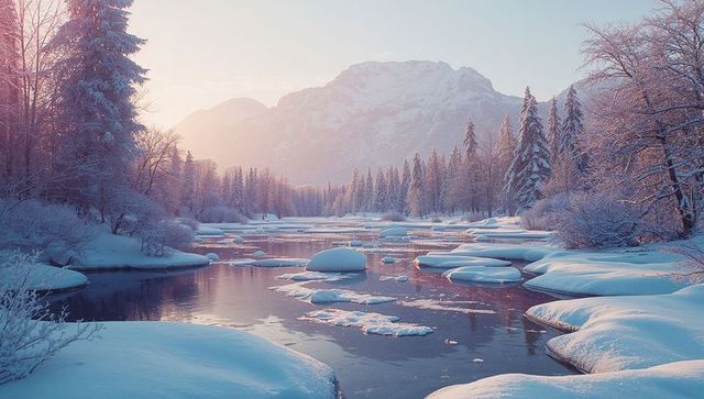 Tranquil frozen river among snow-covered pines and mountains at sunrise