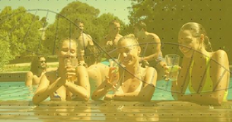 Young friends enjoying backyard pool party with cocktails, sunglasses, summer vibes