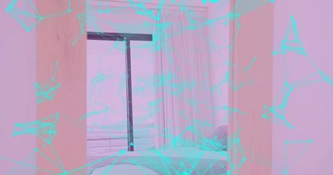 Minimalist Bedroom with Digital Network Overlay