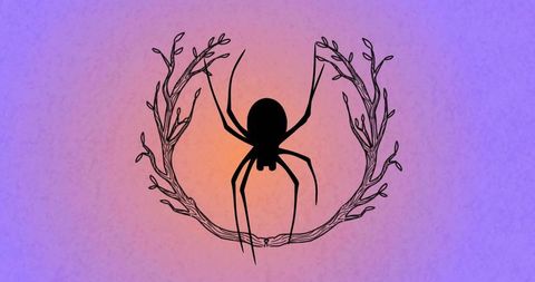 Sitting spider silhouette resting inside twig wreath on warm radial gradient emblem
