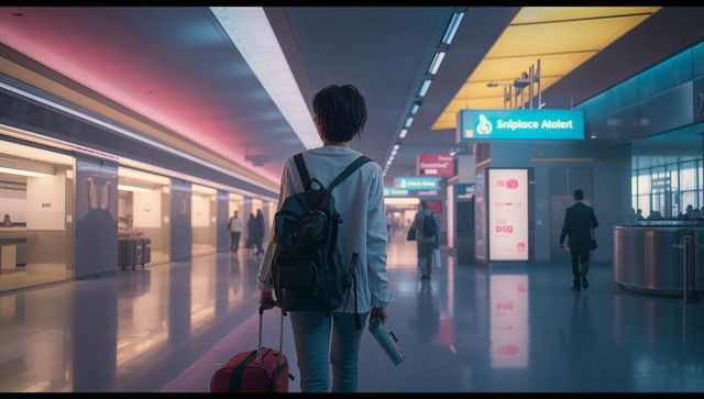 Traveler exploring blurred automodern airport terminal