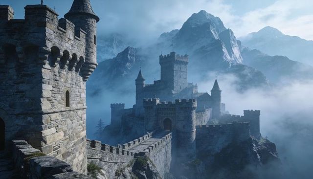 Misty mountain castle rising on rocky cliff with battlements, towers and stone ramparts