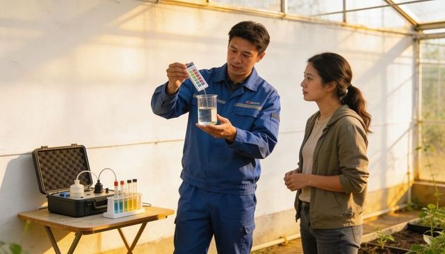 Technician testing greenhouse water with ph strip while training grower in horticulture