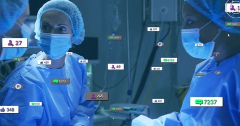 Surgeon wearing mask and bouffant cap in high-tech or with floating social media metrics