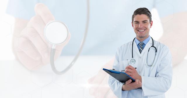 Smiling doctor writing notes on clipboard. Ideal for promoting healthcare services, patient care, medical facilities, hospital websites, health websites, or education materials related to medicine.