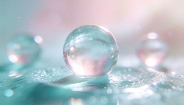 Translucent teal pink droplet refracting light with soft bokeh, dreamy macro orb