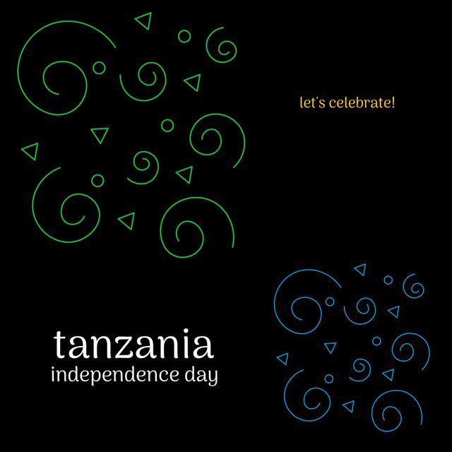 Bright and festive abstract design for Tanzania Independence Day celebration. Features green and blue swirls on a black background with celebratory text 'let's celebrate!' and 'Tanzania independence day'. Ideal for use in event promotions, social media posts, national holiday greetings, and cultural event materials.