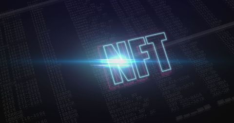 Glowing NFT Text on Data Background for Cryptocurrency