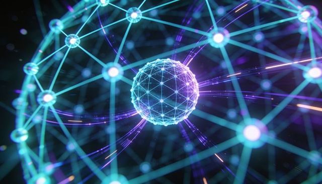 Geodesic network sphere pulsing with neon cyan magenta light for ai data visualization