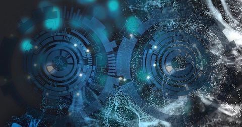 Dual concentric HUD interface with neon teal data rings and particle network