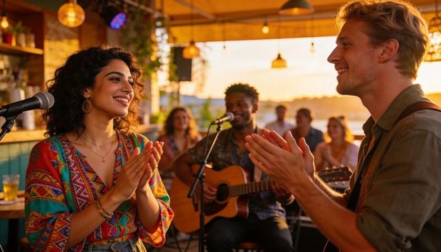 Boho singer and guitarist clapping during intimate sunset live music at waterfront bar