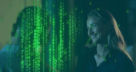 Smiling woman wearing dark blouse watching neon green code overlay in modern office