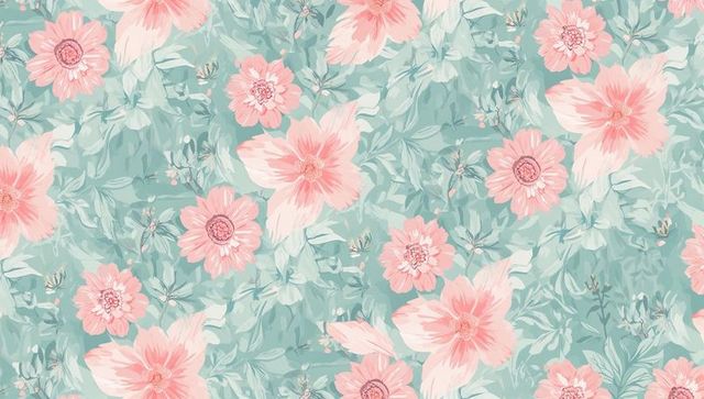 Pastel coral blossom seamless botanical pattern on aqua foliage background for wallpaper