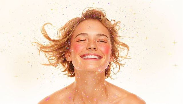 Radiant smiling woman with freckles and glittering stars, beauty portrait with soft glow