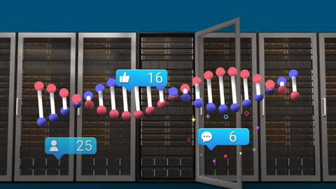 Digital DNA Strand with Social Media Icons Over Data Servers