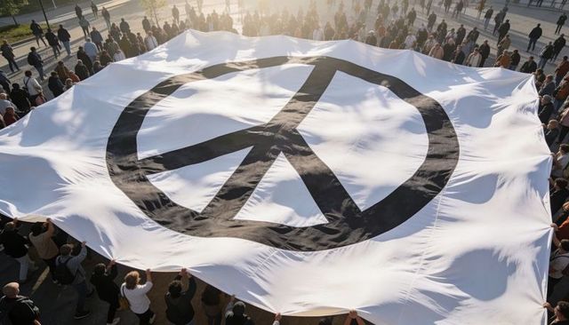 Holding giant peace banner, crowd uniting in urban square for peace rally