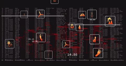 Digital Data Flow Interface with Orange Icons and Numerical Labels
