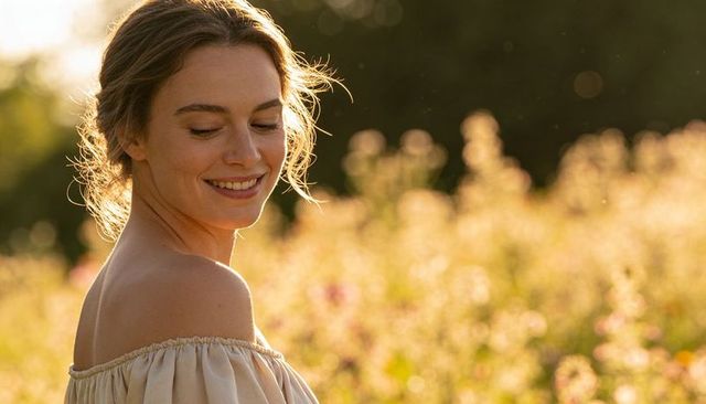 Smiling woman in sunlit wildflower meadow wearing off-shoulder top, golden-hour glow