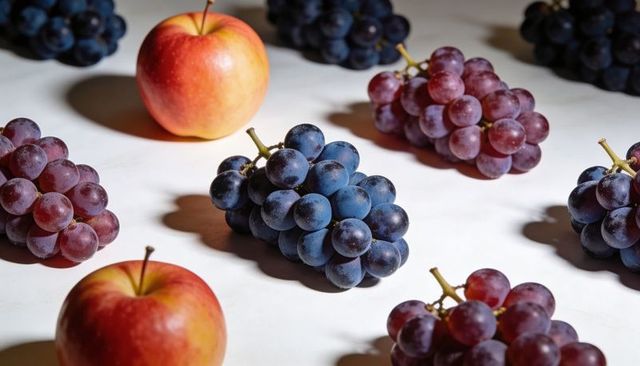 Dark Blue Grapes and Red Apples on White Tabletop with Dramatic Shadows, Closeup Texture