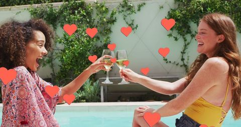 Joyful Friends Toasting by Swimming Pool with Heart Icons