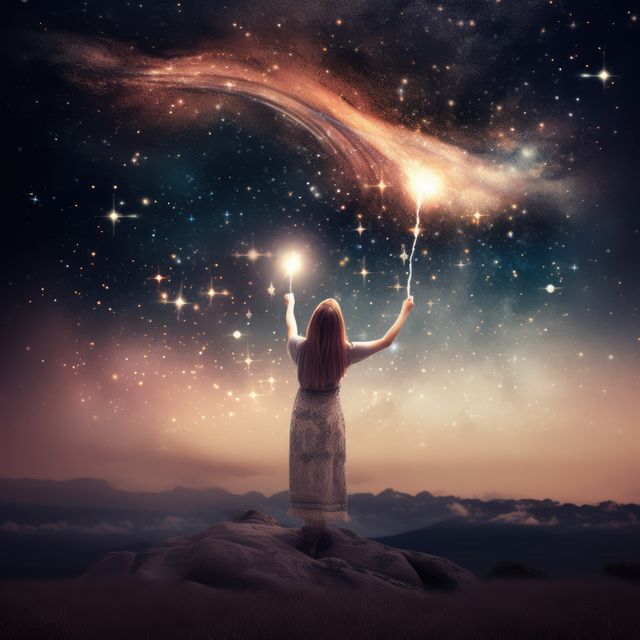 Caucasian woman using wand over stars and space, created using generative ai technology. Mental, health, brain, digitally generated image.