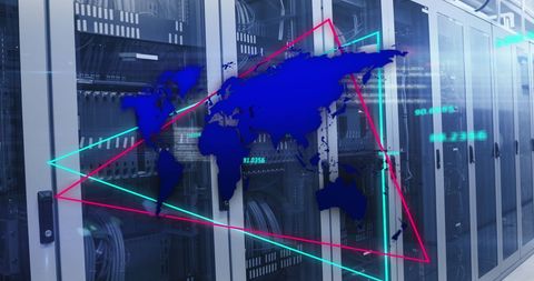 Global networking map with triangular neon design in data center