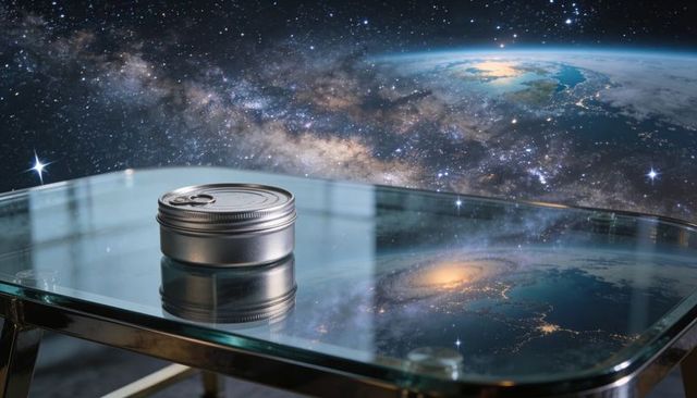 Shining silver tin reflecting milky way and planet on glass table, surreal cosmic scene