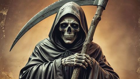 Skeletal grim reaper reaper with scythe emerging from smoky background