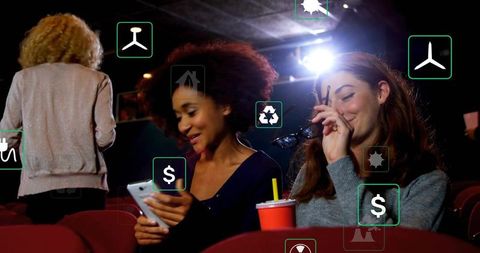 Friends watching movie checking smartphone with ar overlays holding glasses and drink