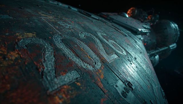 Revealing worn spacecraft hull bearing raised 2020 numerals with rusted rivets and texture