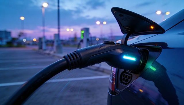 Electric vehicle charging at dusk in urban lot with glowing connector and wet reflections