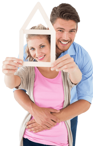 Happy Couple Holding Transparent House Outline Symbolizing Homeownership