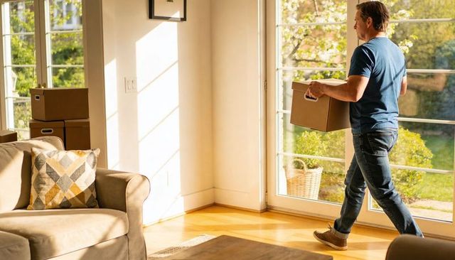Middle-aged man carrying moving box through sunlit living room during home relocation