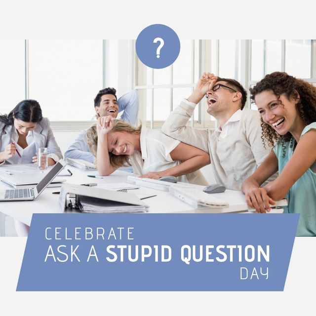 Multiracial colleagues laughing in office and question mark, celebrate ask a stupid question day. Composite, text, cooperation, business, teamwork, meeting, problem, holiday and celebration concept.