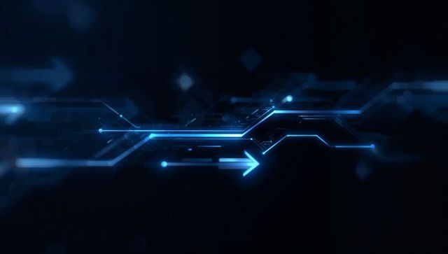 Futuristic blue digital circuitry with neon arrow