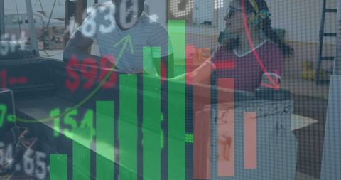 Double Exposure of Financial Charts Overlapping Fuel Industry Workers