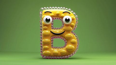 Vibrant 3d letter b with cartoon eyes and pink gem accents
