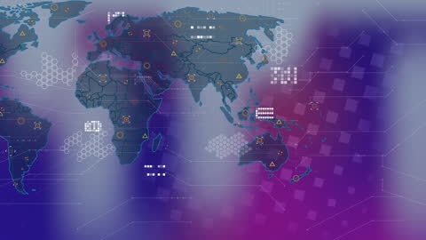 Global Map with Digital Data Icons Representing Technology Connections