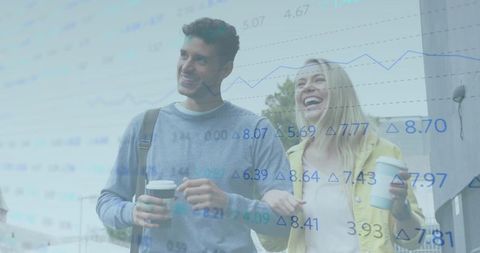 Young Couple Enjoying Urban Stroll with Financial Growth Overlay