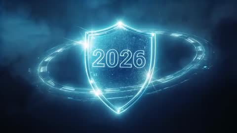 Holographic Shield Protecting Orbital Ring Displaying 2026 in Futuristic Cybersecurity Scene