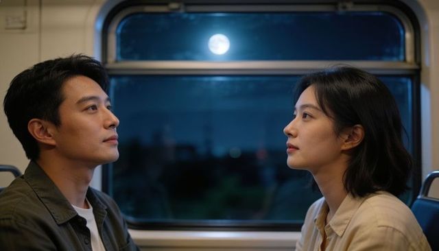 Gazing across night train cabin under full moon, intimate couple on quiet journey