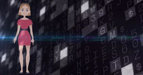 Stylized woman avatar standing in neon cyberspace with code grid and light streak