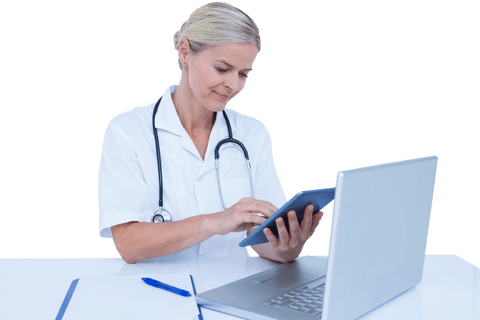 Woman doctor examining chart on transparent digital tablet