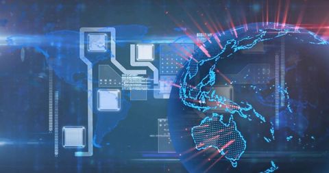Projecting glowing digital globe visualizing holographic network across futuristic hud