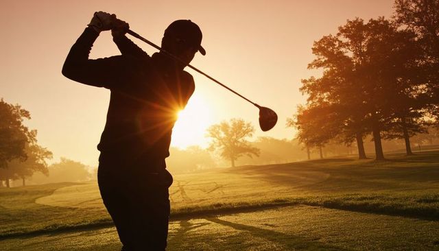 Swinging golfer wearing cap and glove hitting driver on dew-covered fairway at sunrise