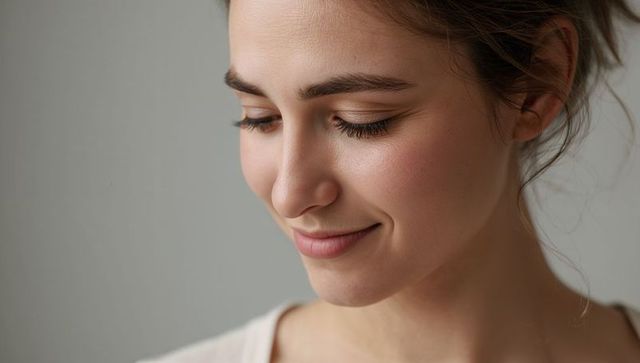Soft close-up portrait of young woman smiling downward with natural makeup and mascara