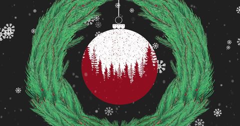 Festive Wreath and Ornament with Falling Snowflakes