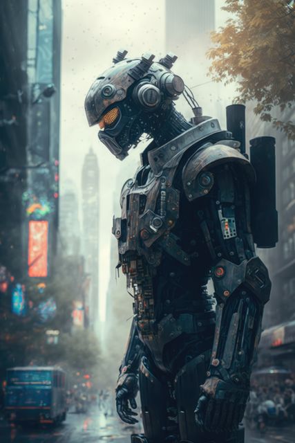 Futuristic Robot in Cyberpunk City Street on Rainy Day - Download Free Stock Images Pikwizard.com