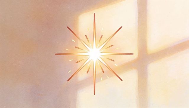 Glowing star ornament casting cross-shaped window shadow on pastel interior wall