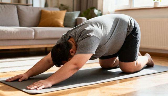 Male practicing kneeling yoga stretch on sunlit home mat for flexibility and mobility
